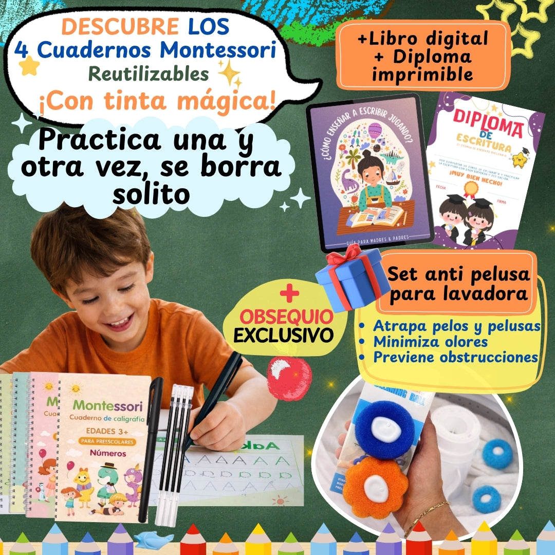 KIT 4 CUADERNOS MONTESSORI CON TINTA MÁGICA 💫 + LIBRO DIGITAL "GUÍA PARA PADRES"- DIPLOMA IMPRIMIBLE + OBSEQUIO SET ANTI PELUSAS