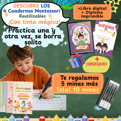 KIT 4 CUADERNOS MONTESSORI CON TINTA MÁGICA 💫 + LIBRO DIGITAL "GUÍA PARA PADRES"- DIPLOMA IMPRIMIBLE + OBSEQUIO 5 MINAS MÁS