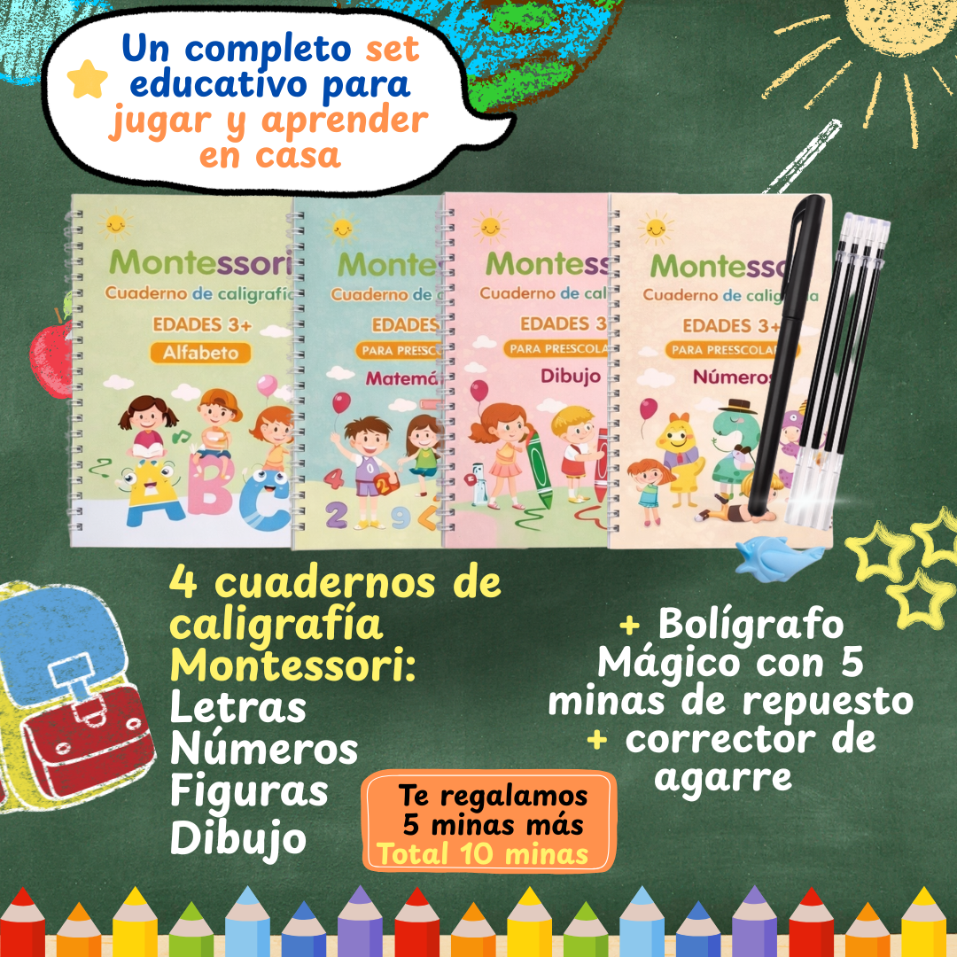 KIT 4 CUADERNOS MONTESSORI CON TINTA MÁGICA 💫 + LIBRO DIGITAL "GUÍA PARA PADRES"- DIPLOMA IMPRIMIBLE + OBSEQUIO 5 MINAS MÁS