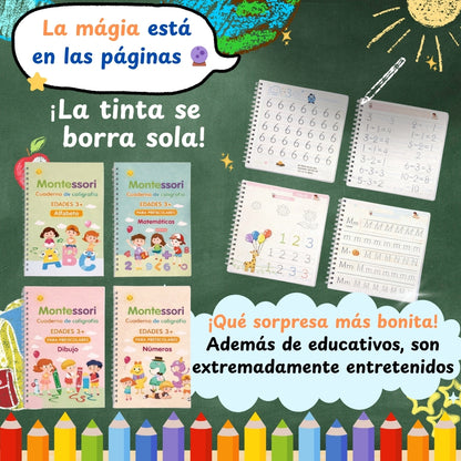 KIT 4 CUADERNOS MONTESSORI CON TINTA MÁGICA 💫 + LIBRO DIGITAL "GUÍA PARA PADRES"- DIPLOMA IMPRIMIBLE + OBSEQUIO SET ANTI PELUSAS