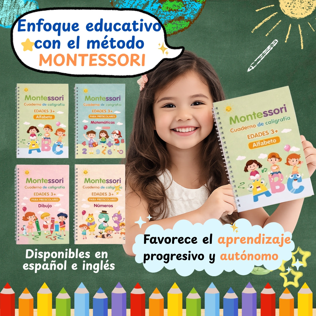 KIT 4 CUADERNOS MONTESSORI CON TINTA MÁGICA 💫 + LIBRO DIGITAL "GUÍA PARA PADRES"- DIPLOMA IMPRIMIBLE + OBSEQUIO SET ANTI PELUSAS