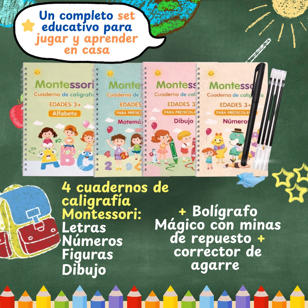 KIT 4 CUADERNOS MONTESSORI CON TINTA MÁGICA 💫 + LIBRO DIGITAL "GUÍA PARA PADRES"- DIPLOMA IMPRIMIBLE + OBSEQUIO SET ANTI PELUSAS