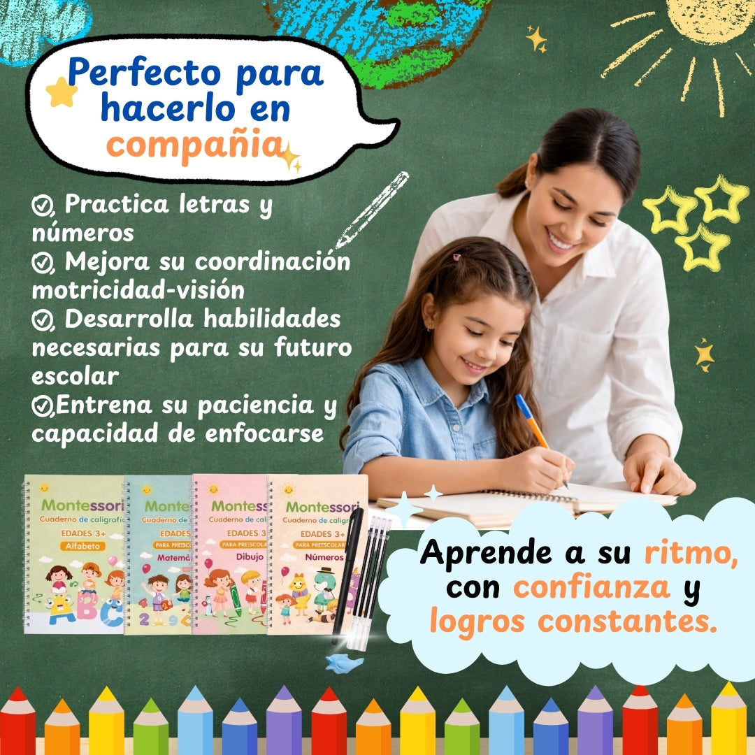 KIT 4 CUADERNOS MONTESSORI CON TINTA MÁGICA 💫 + LIBRO DIGITAL "GUÍA PARA PADRES"- DIPLOMA IMPRIMIBLE + OBSEQUIO SET ANTI PELUSAS